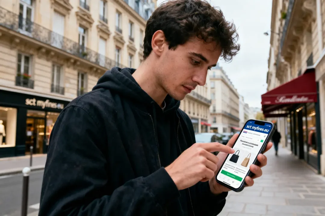 Un homme utilise un smartphone pour parcourir un site de sacs, dans une rue parisienne.