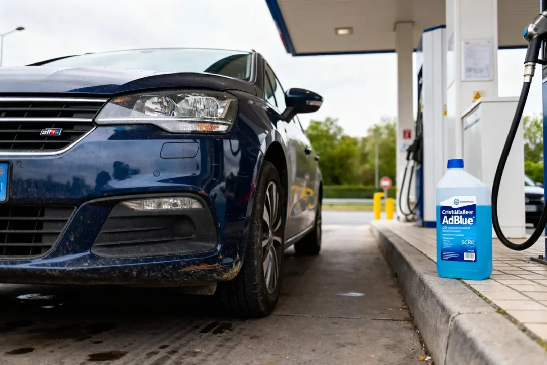 Voiture bleue à une station-service, bouteille d'AdBlue posée au sol, pompe à essence visible.