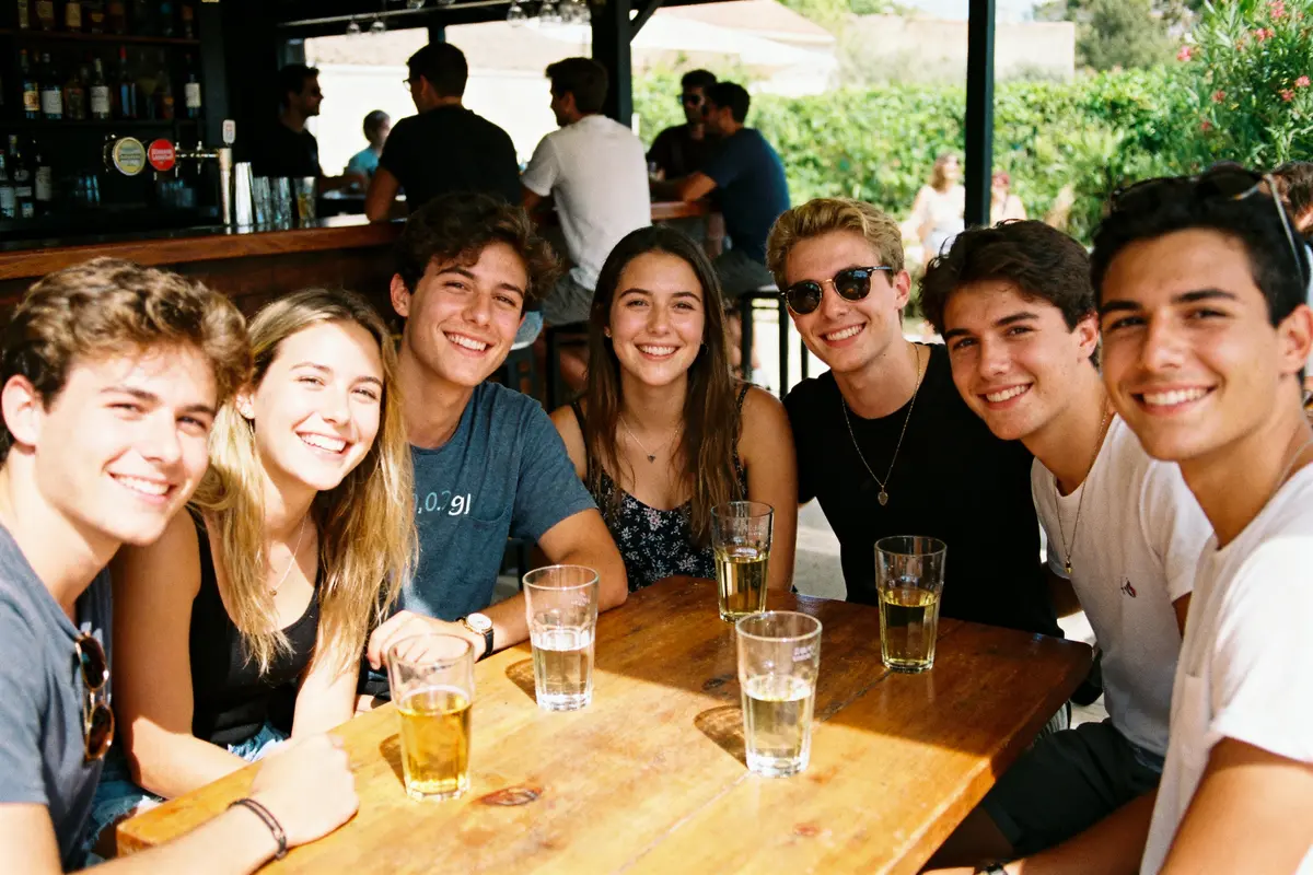 Groupe de jeunes souriants autour d'une table en plein air, verres de boisson devant eux.