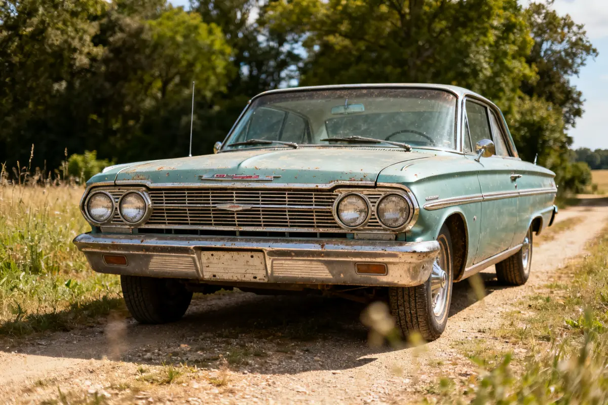 Vieille voiture rétro 64 Impala car verte garée sur chemin rural ensoleillé