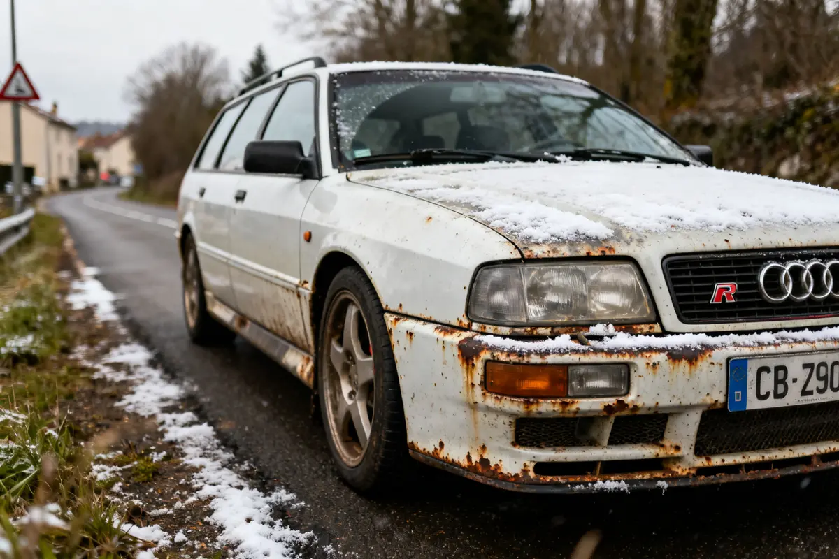 Vieille Audi RS2 Avant blanche rouillée sur une route partiellement enneigée en hiver