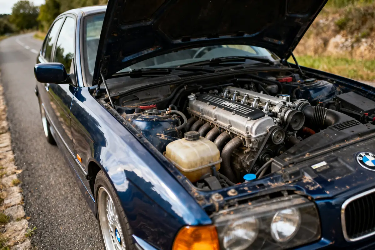Moteur de BMW e36 bleu avec capot ouvert sur route de campagne
