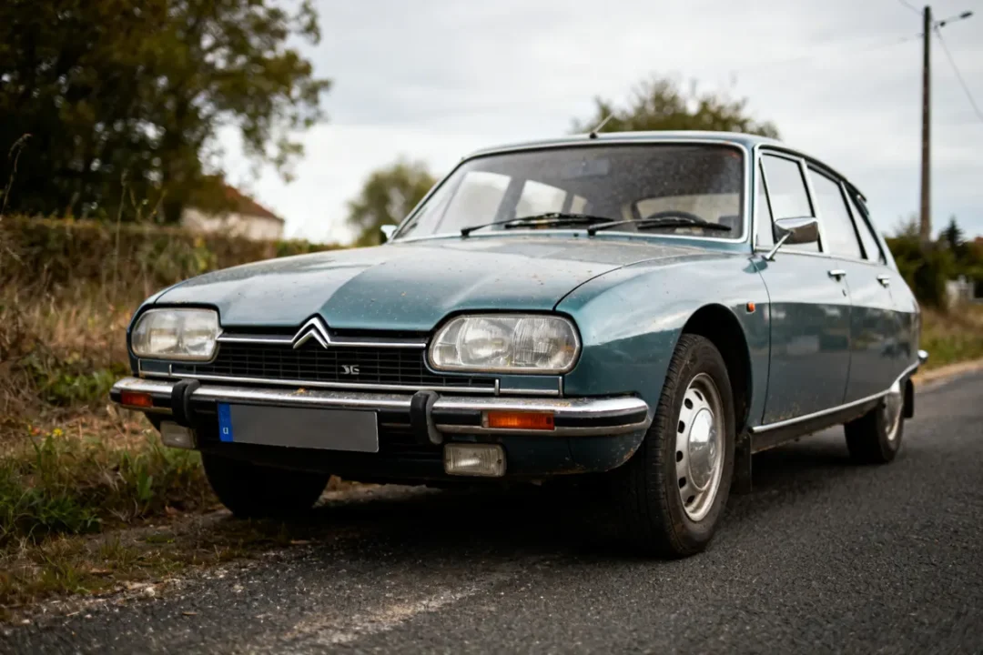 Voiture classique bleue stationnée sur la route, modèle Citroën GS vintage en extérieur rural
