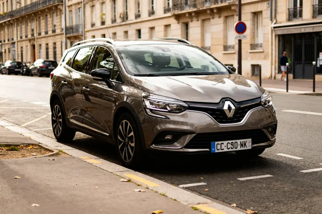 Clio 5 gris nardo garée en ville sur une rue pavée, immeubles en arrière-plan