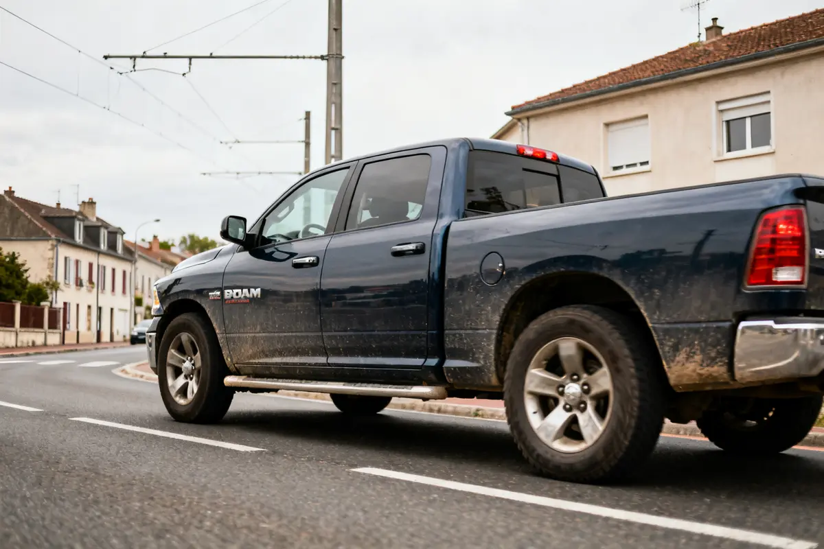 Pickup bleu Dodge RAM 1500 roulant dans une rue de banlieue avec maisons alentour