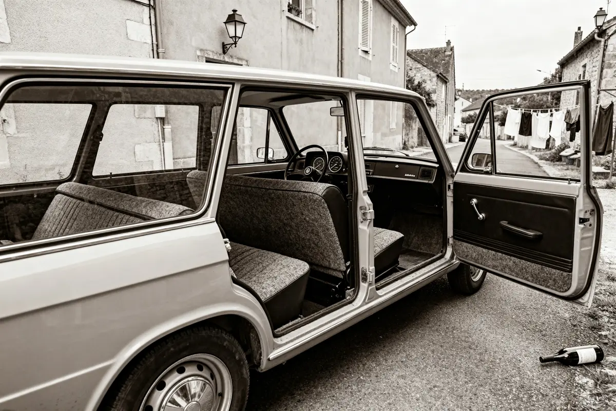 Fiat 128 Station Wagon vintage avec portes ouvertes dans une rue calme et bouteille abandonnée