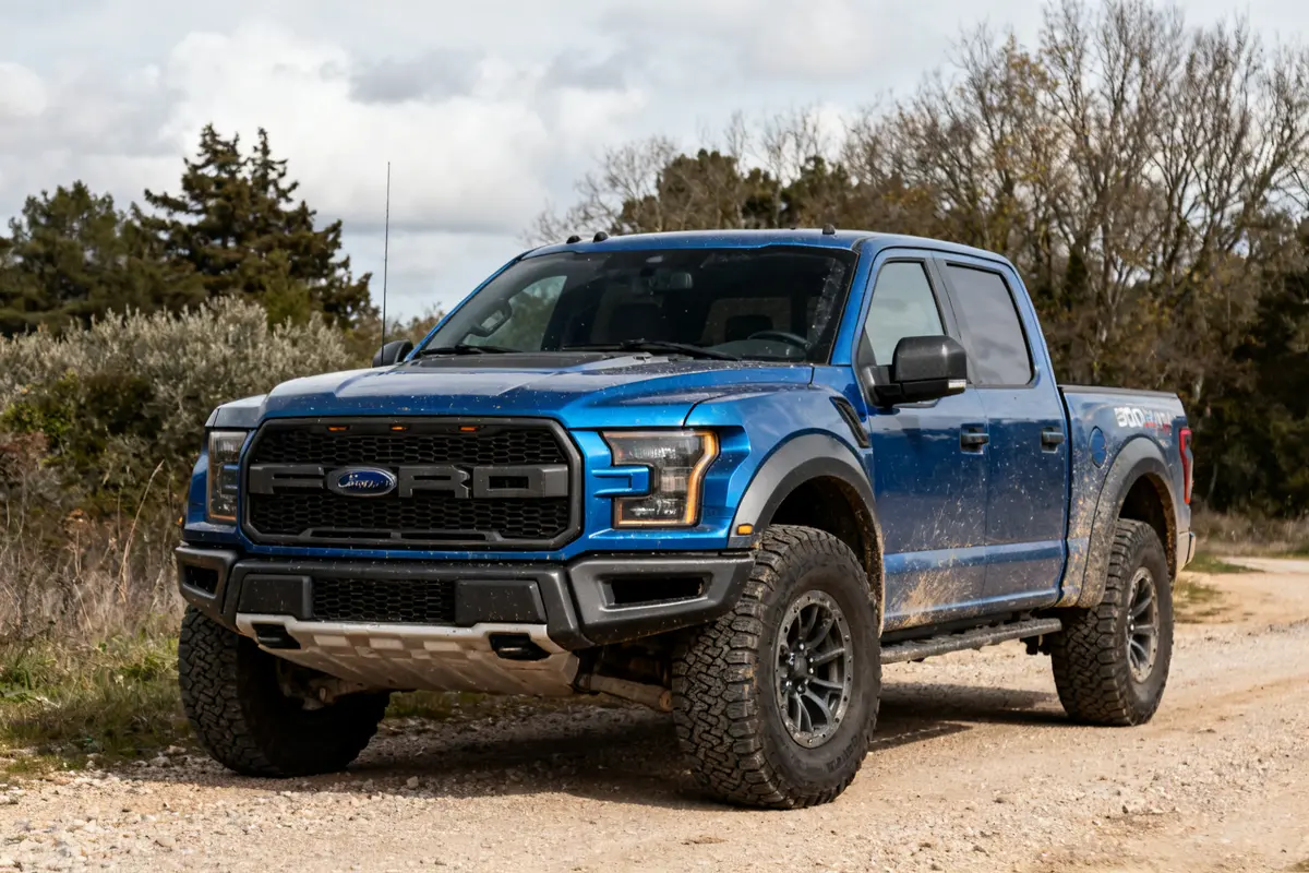 Pick-up bleu Ford Raptor cab garé sur chemin terreux près d'arbres