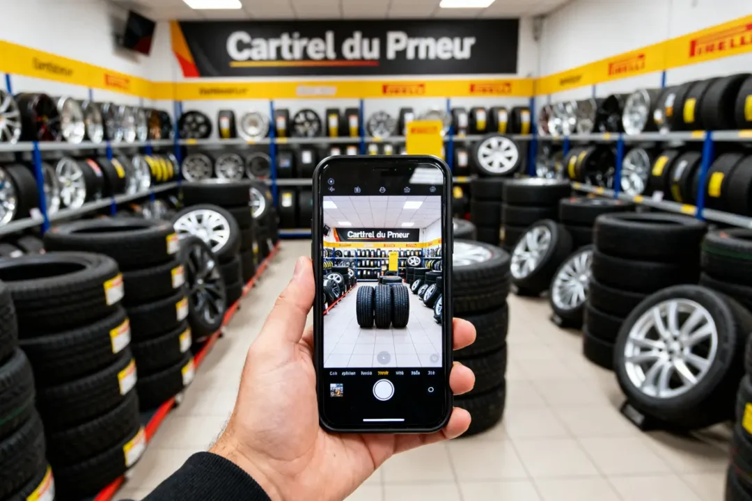 Personne prenant une photo de pneus dans un magasin La Centrale du Pneu pneus entreposés