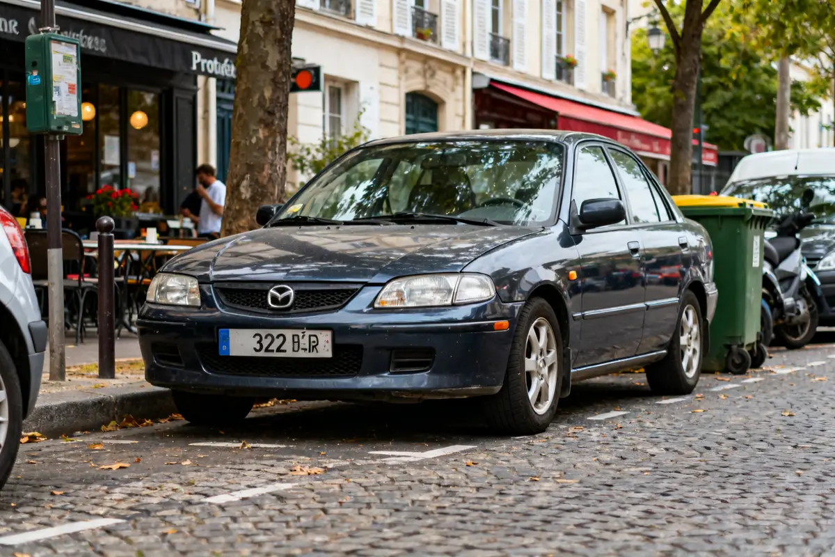 Mazda 323 Protegé garée sur rue pavée devant café et immeuble parisien