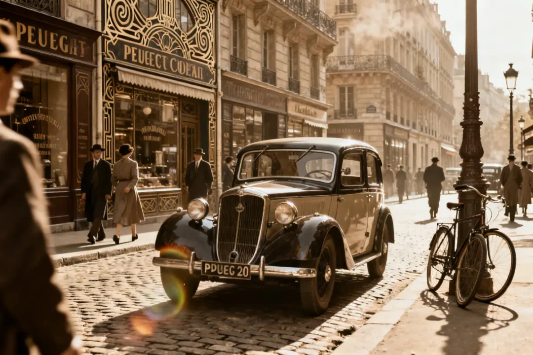 Voiture Peugeot 201 ancienne sur rue pavée devant magasin vintage animé de passants élégants
