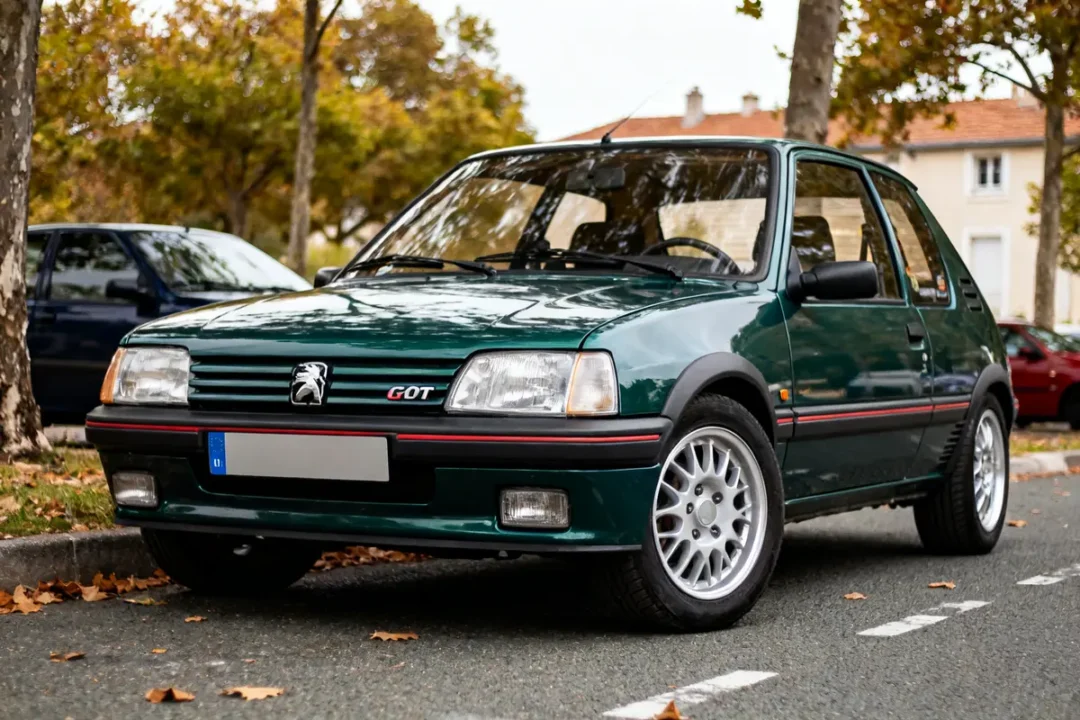 Peugeot 205 GTI automatic verte garée sur une rue bordée d'arbres