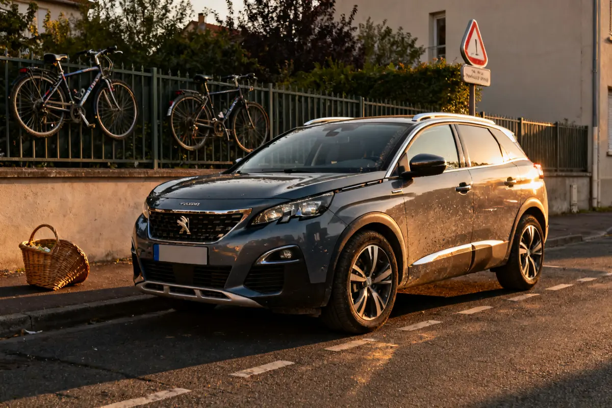 Peugeot 3008 garé au soleil couchant près d'un trottoir avec des vélos suspendus