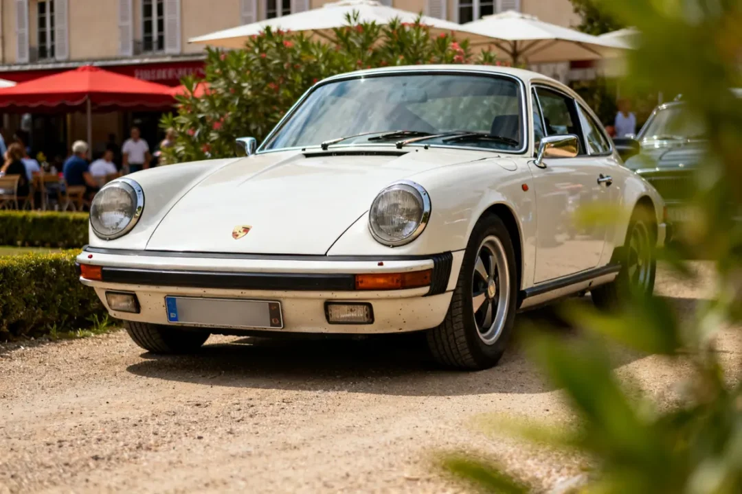 Porsche ancienne blanche garée devant un café terrasse avec des arbustes en arrière-plan