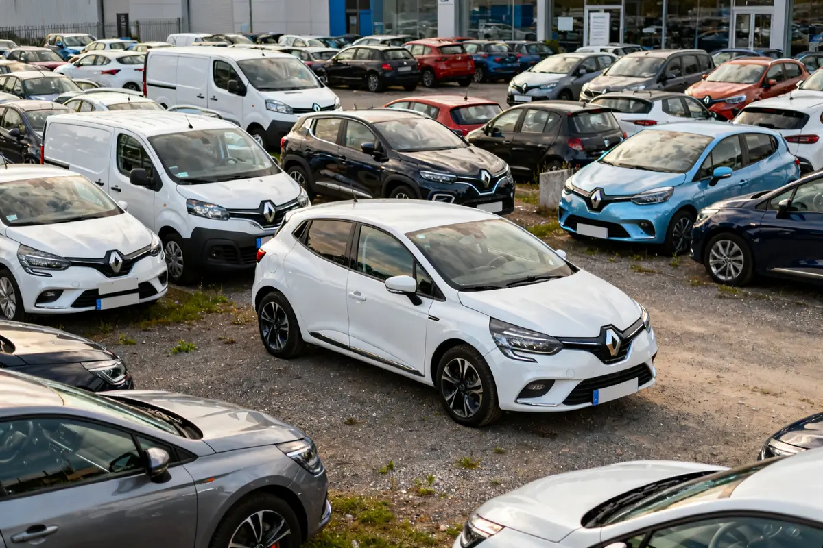 Plusieurs voitures Renault sont garées dans un concessionnaire Renault Fresnes