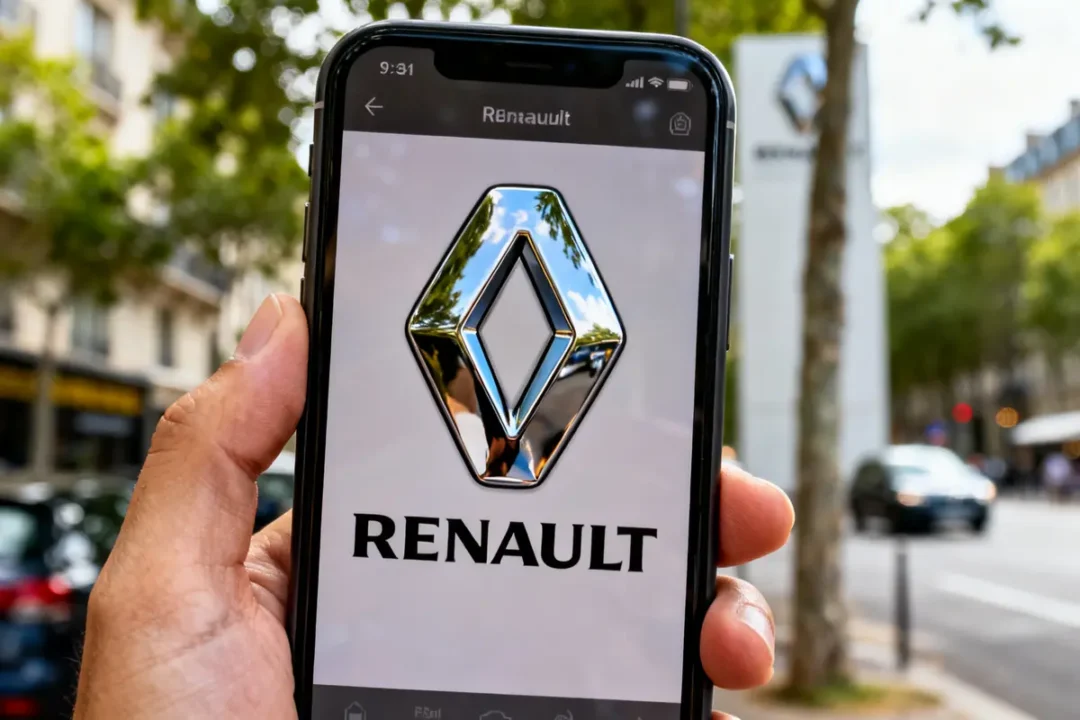 Téléphone affichant Renault logo en gros plan devant concession automobile en arrière-plan