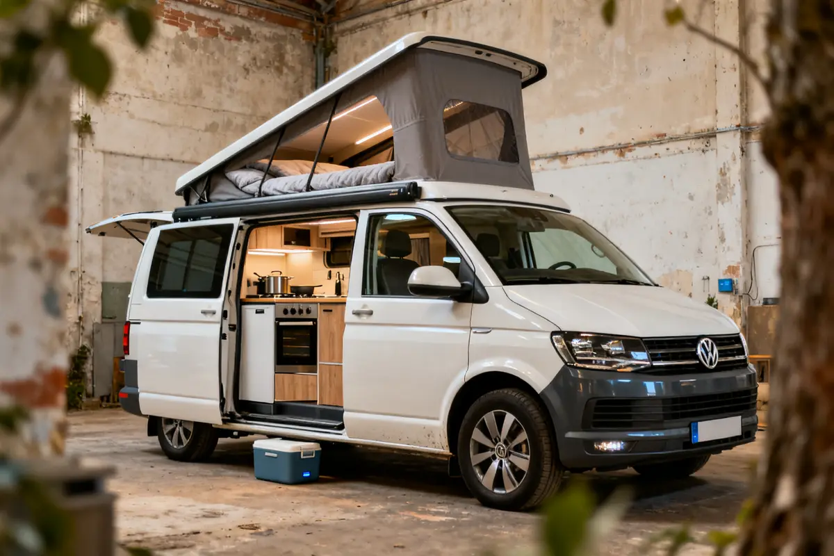 Volkswagen van aménagé avec toit relevable et cuisine équipée dans un entrepôt rustique.
