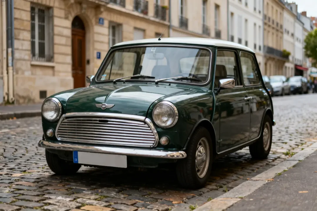 Voiture classique verte Austin Mini garée sur rue pavée en ville européenne