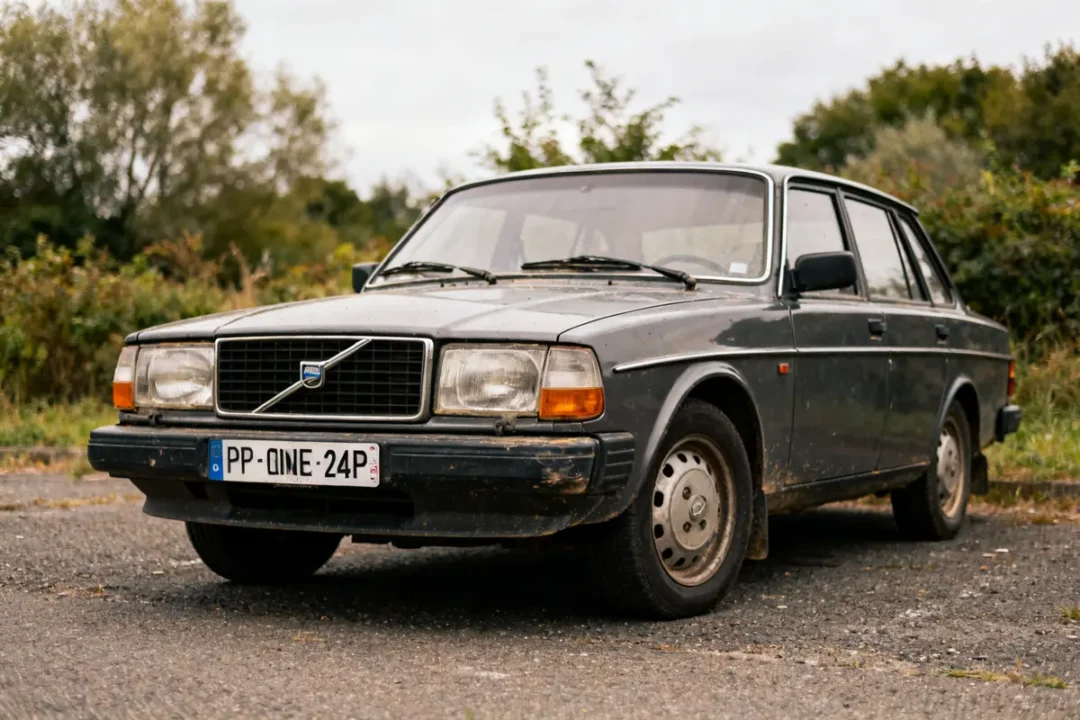 Vieille auto Volvo 240 grise garée sur un chemin en plein air