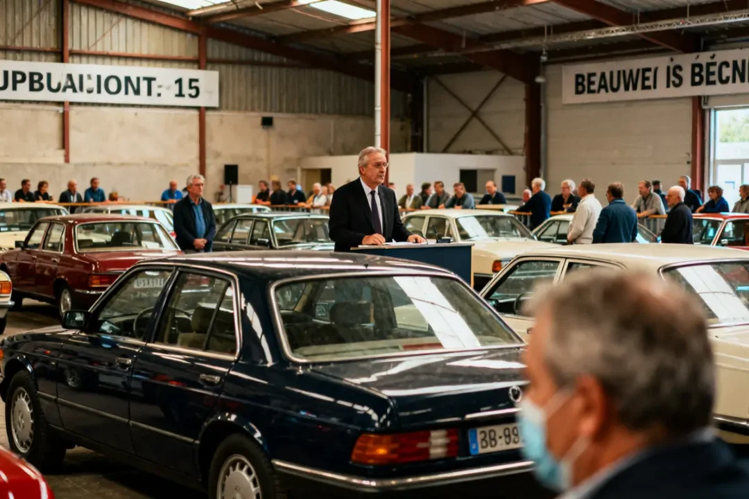 Salle d'enchères remplie de voitures classiques à Beauvais enchere voiture avec public attentif
