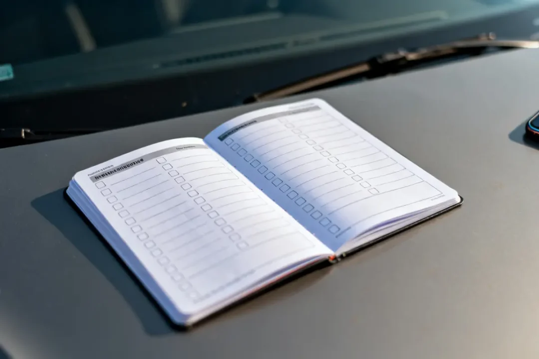 Carnet d'entretien voiture à télécharger reposant sur un capot de voiture