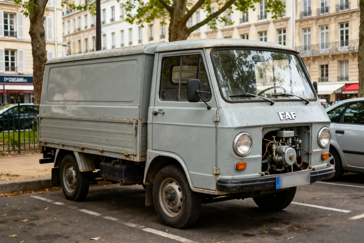 Camionnette grise ancienne Daf 33 van stationnée dans une rue urbaine.