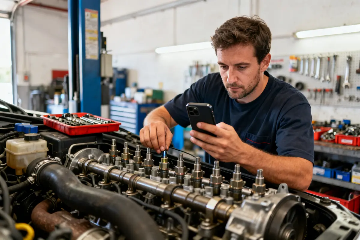 Mécanicien dieseliste examinant un moteur avec téléphone dans un atelier mécanique