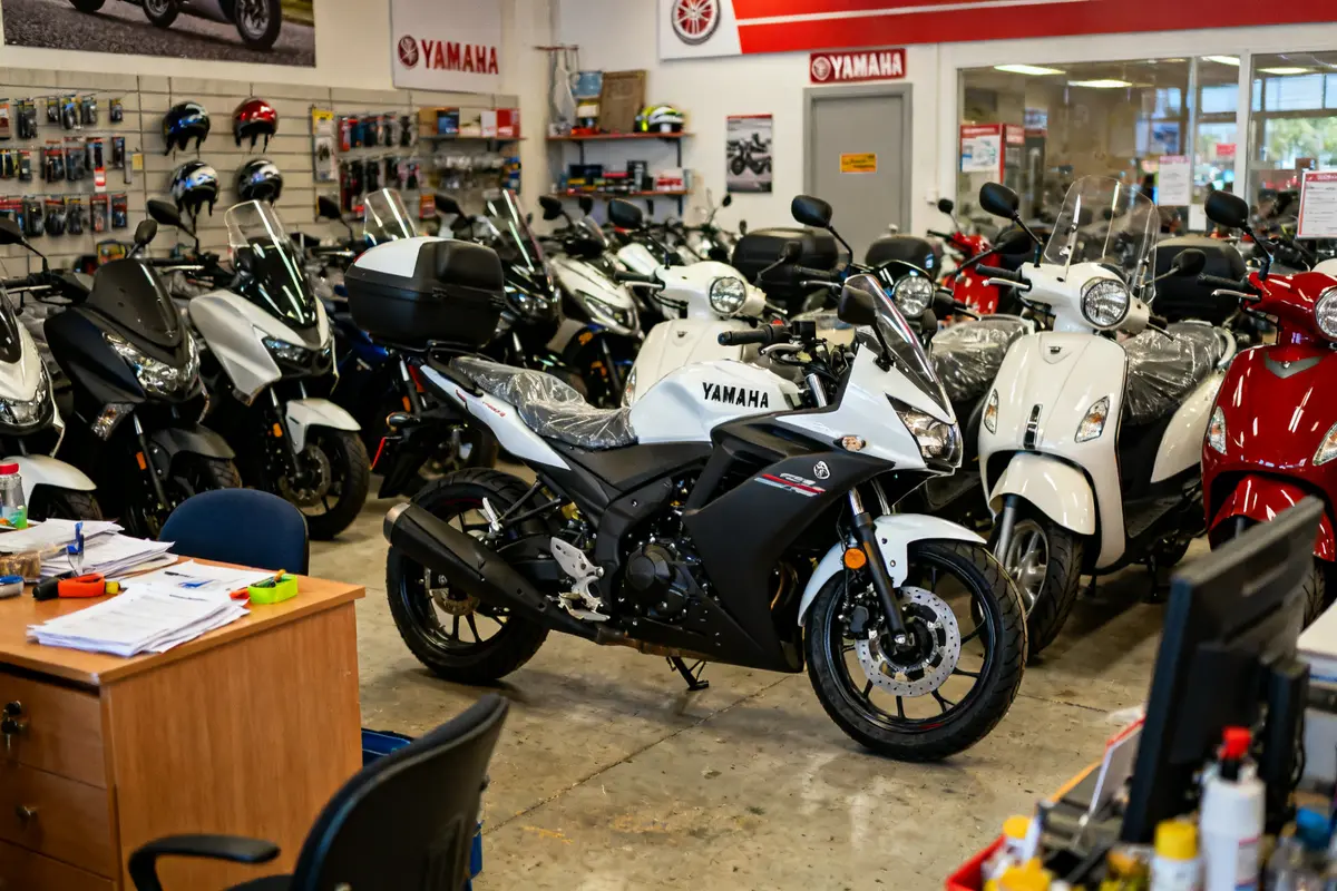 Salle d'exposition de motos et scooters Yamaha, divers modèles de deux roues.