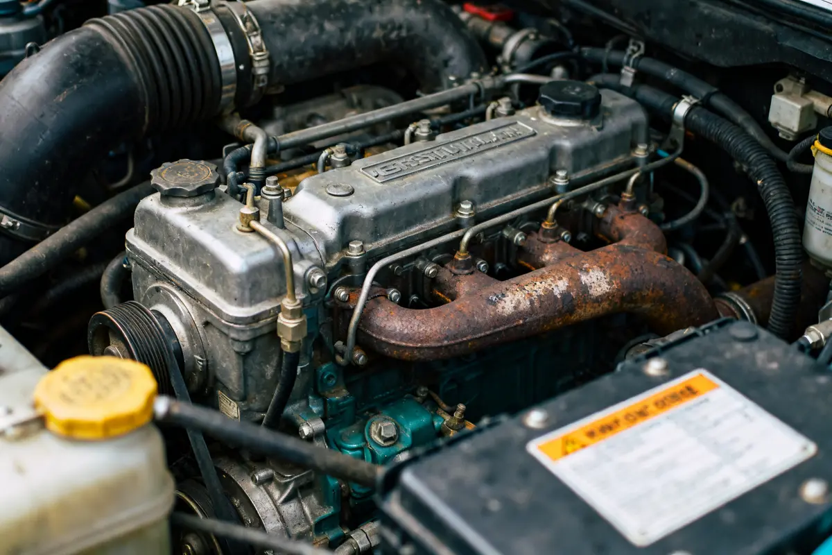 Vue rapprochée d'un moteur diesel dans le compartiment moteur d'une voiture ancienne