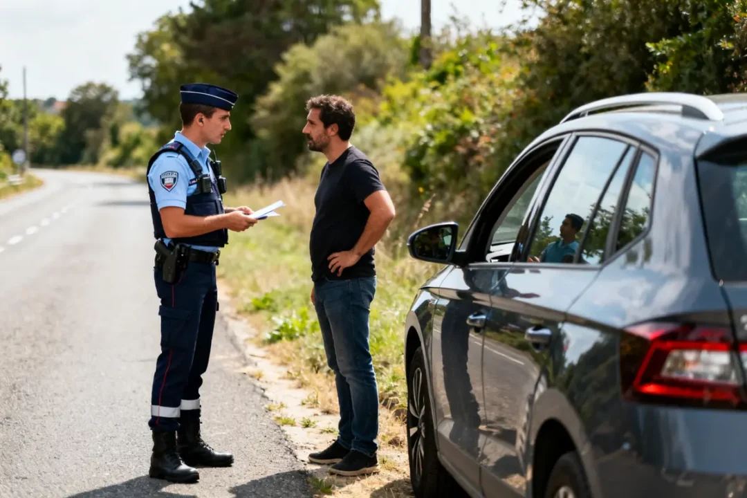 Agent de police discutant retrait de permis avec un conducteur arrêté sur le bord de route