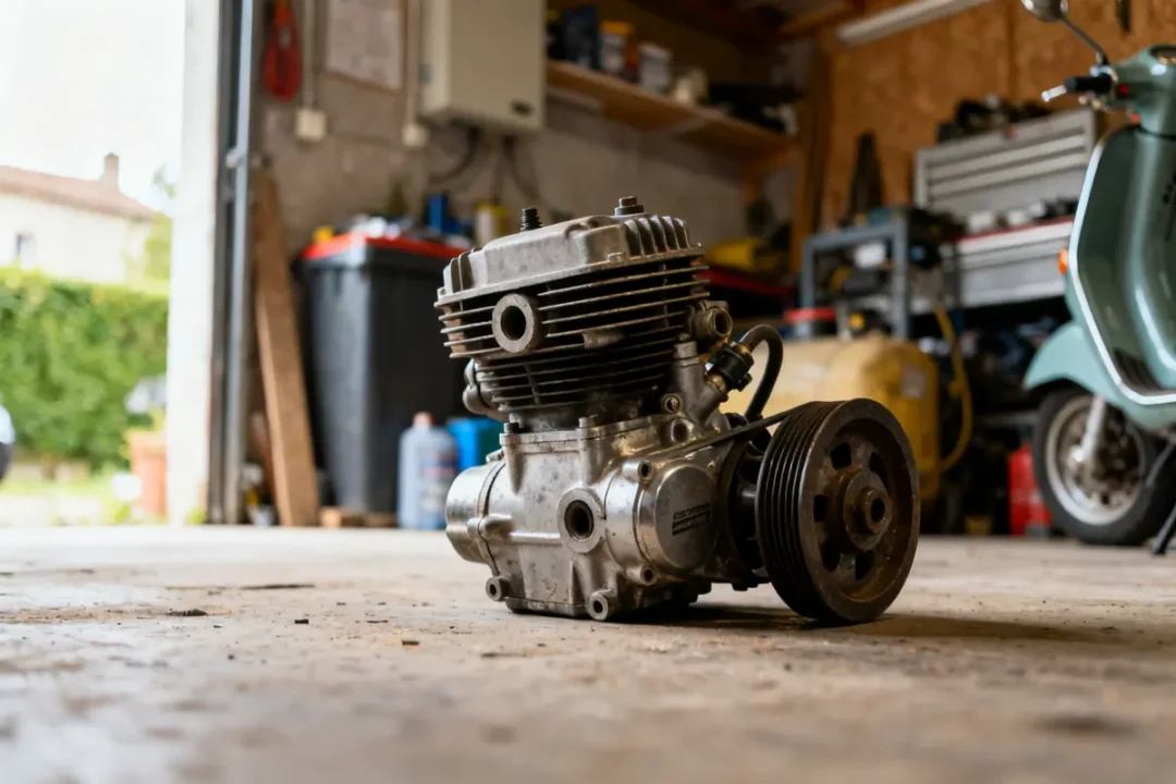 Moteur de scooter au sol dans un garage scootfats en arrière-plan avec étagères et outils