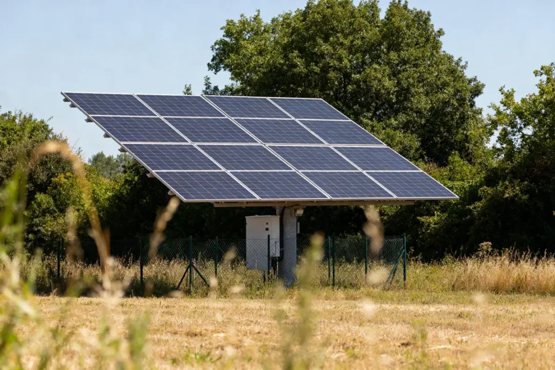 Panneau solaire monté sur système Tourneseul dans un champ verdoyant ensoleillé
