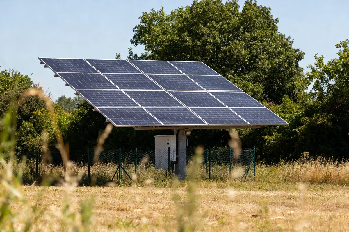 Panneau solaire monté sur système Tourneseul dans un champ verdoyant ensoleillé