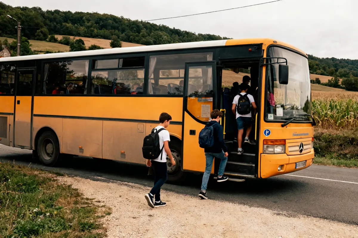 Des élèves montent dans un bus jaune des transports scolaires Bourgogne Franche Comté