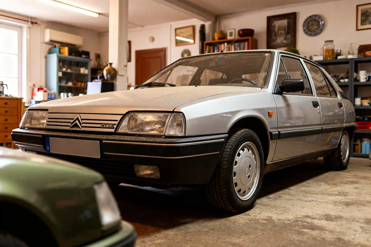 Citroën BX grise dans un garage avec des étagères et objets divers autour