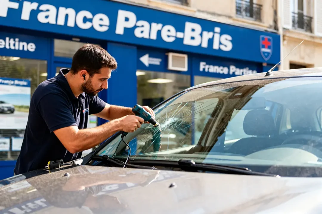 Technicien réparant pare-brise endommagé devant l'atelier France Pare-Brise en plein travail