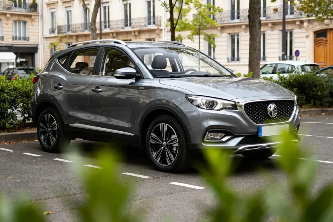 SUV argenté MG ZS stationné rue bordée d'arbres et immeubles haussmanniens