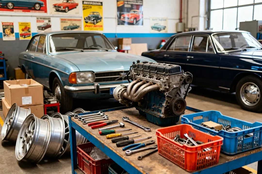 Atelier mécanique avec moteur, voitures classiques et outils professionnels Mecatechnic pour restauration automobile détaillée