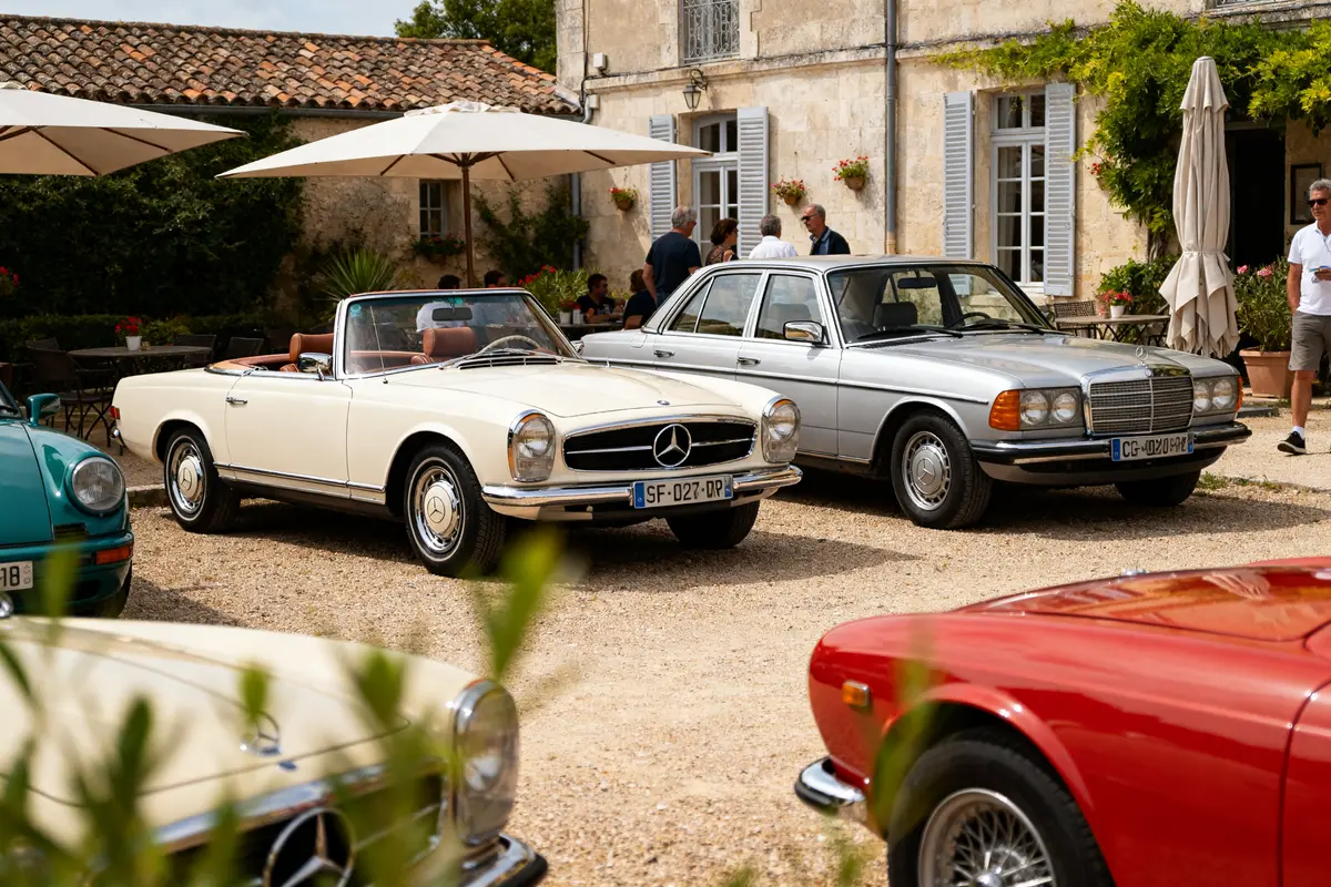 Mercedes ancienne cabriolet et berline garées devant maison avec invités et parasols