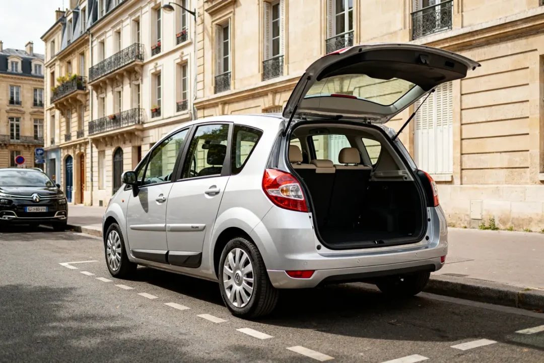 Renault Modus argentée garée rue avec coffre ouvert devant des bâtiments haussmanniens