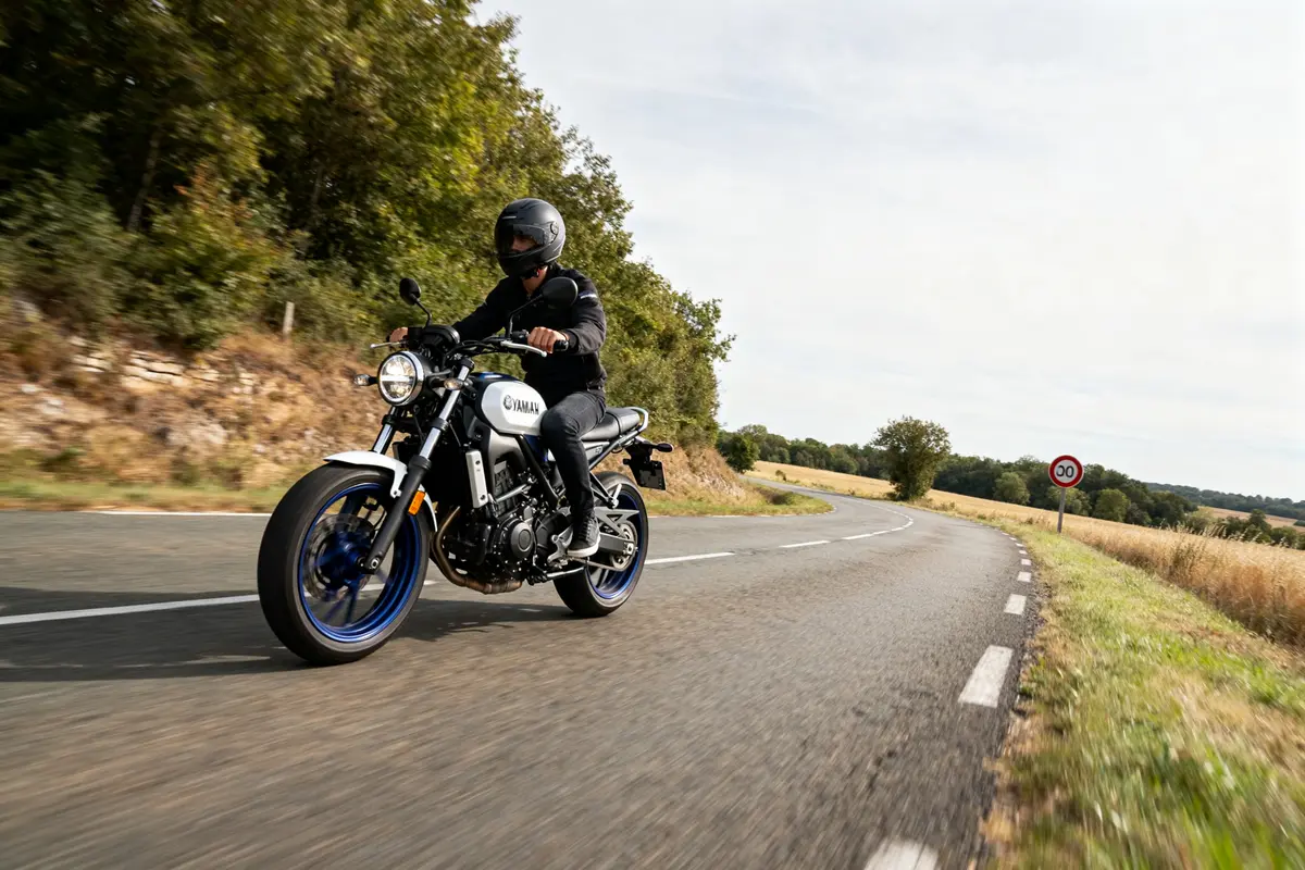 Motard sur Yamaha XSR 125 vitesse max sur route sinueuse en pleine campagne