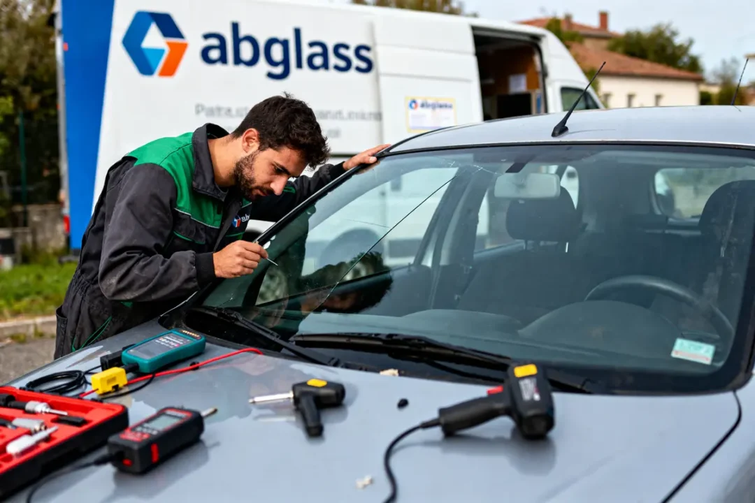 Technicien réparant le pare-brise d'une voiture, outils disposés à l'avant. Camion abglass en arrière-plan.