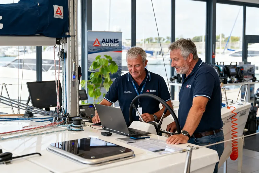 Deux hommes en polo bleu discutent devant un ordinateur à bord d'un bateau moderne.