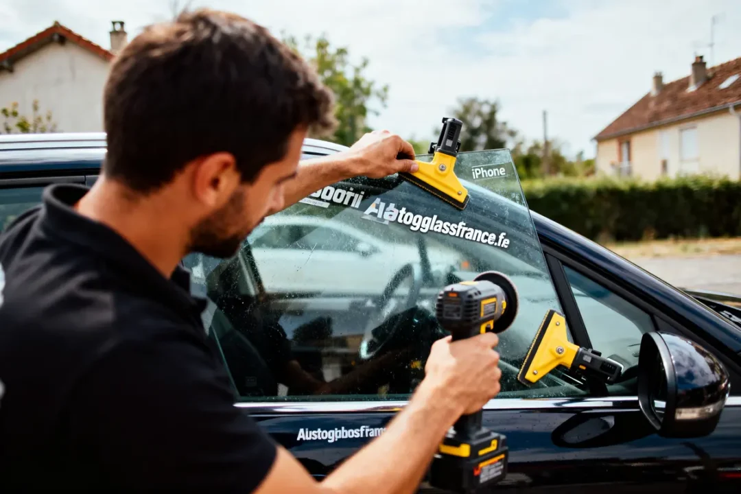 Homme remplaçant vitre de voiture avec outils jaunes et appareil électrique, autocollant "aotoglassfrance.fr".