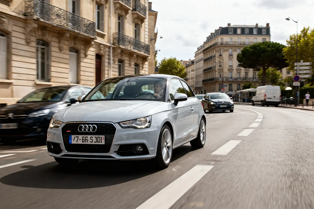 Voiture automatic Audi A1 argentée roulant en ville devant des bâtiments haussmanniens