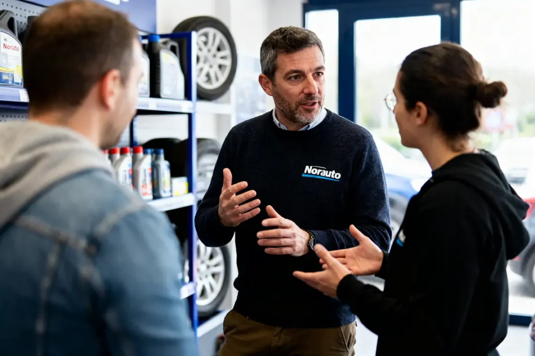 Trois personnes discutant dans un magasin Norauto, devant des étagères de produits automobiles.