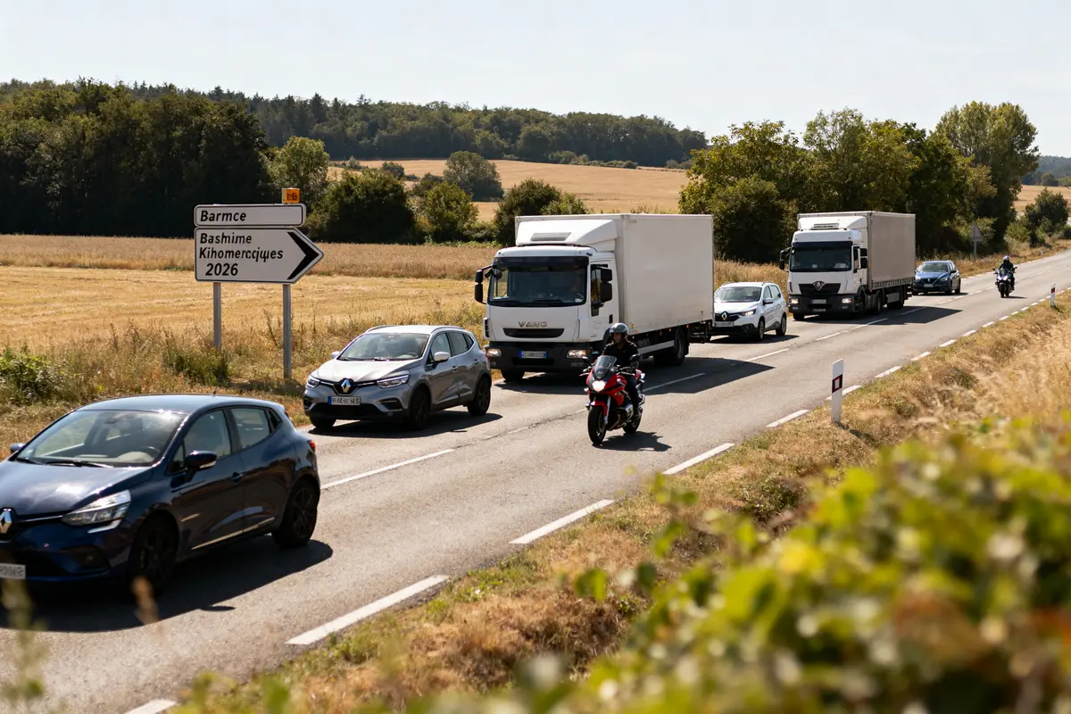 Route de campagne avec voitures, camions, motocyclistes et panneau de direction, paysage rural en arrière-plan.