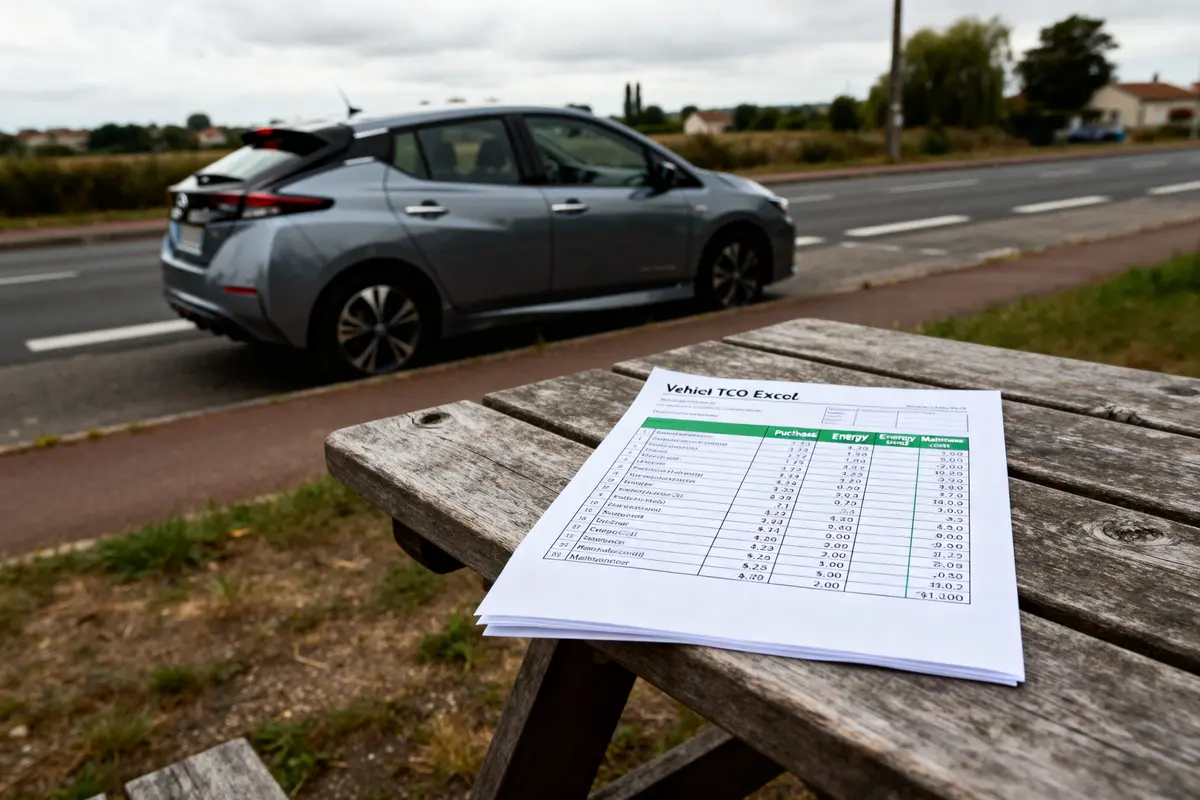 Tableau Excel calcul TCO véhicule sur table près de voiture stationnée sur la route