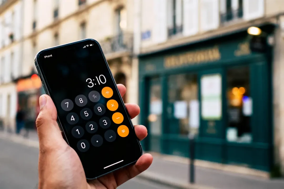 Personne tenant un smartphone, calculatrice à l'écran, arrière-plan flou de rue urbaine.