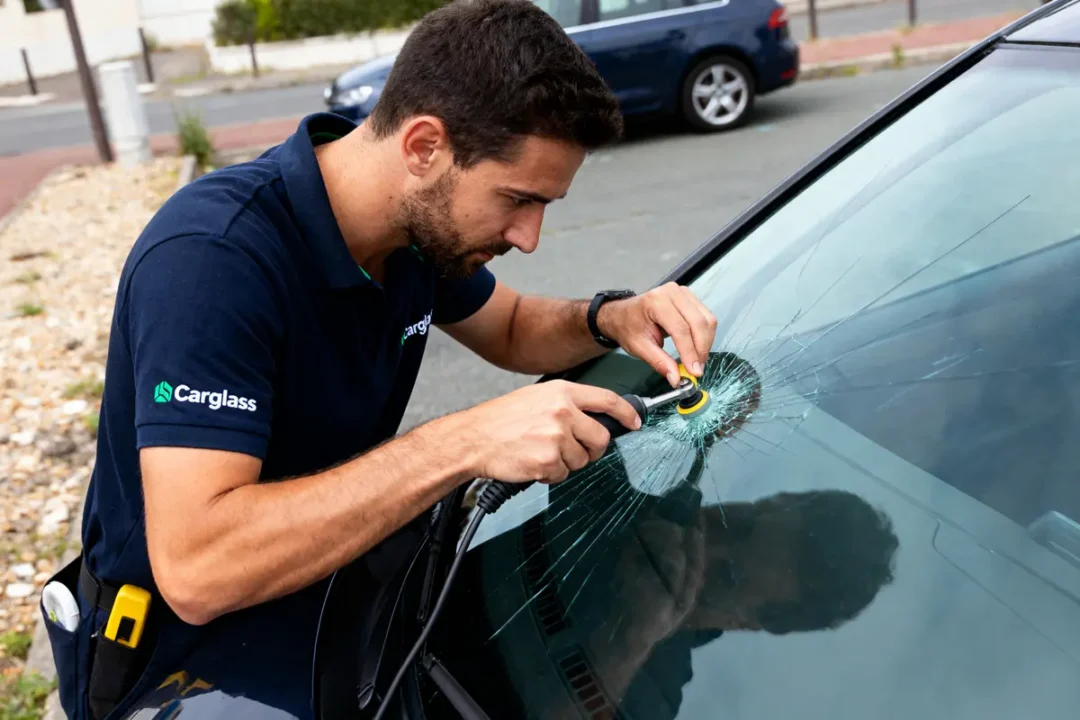 Technicien réparant un pare-brise fissuré avec un outil électrique, portant un polo Carglass.
