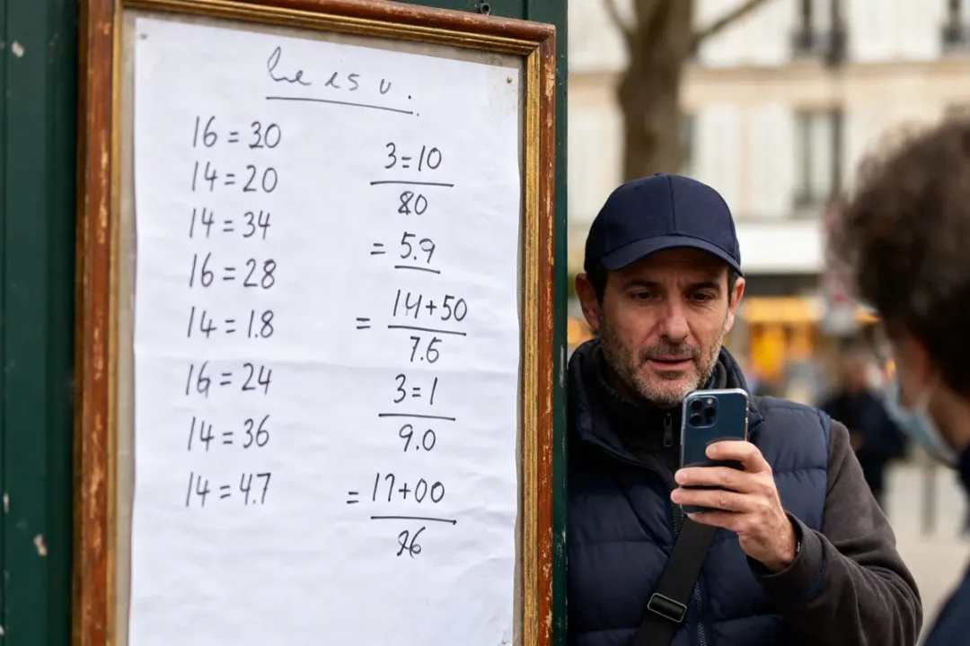 Homme photographiant panneau avec équations mathématiques, extérieur. Arrière-plan flou, autre personne masquée visible.
